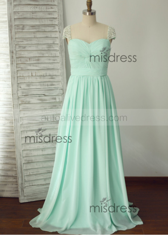 Jeweled Cap Sleeves Mint Chiffon Pleated Bridesmaid Dress